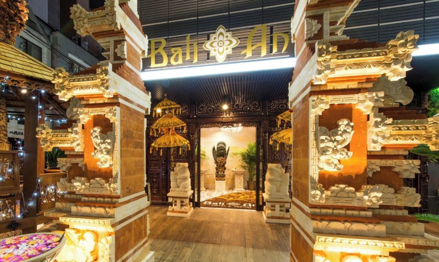 Carved and gilded Balinese entrance hall at Hotel Balian Resort Namba Shinsaibashi