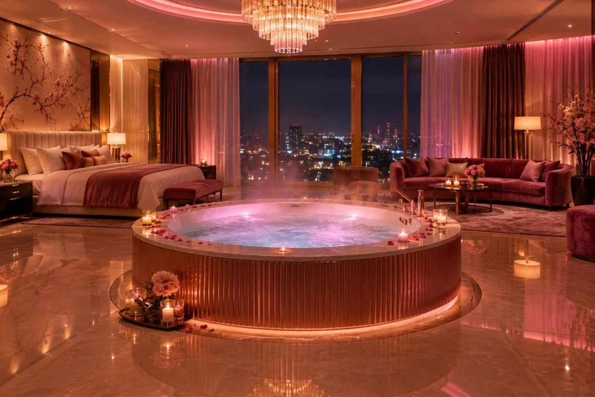 Illustration of a luxurious hotel room with a round jacuzzi bath under soft pink lighting